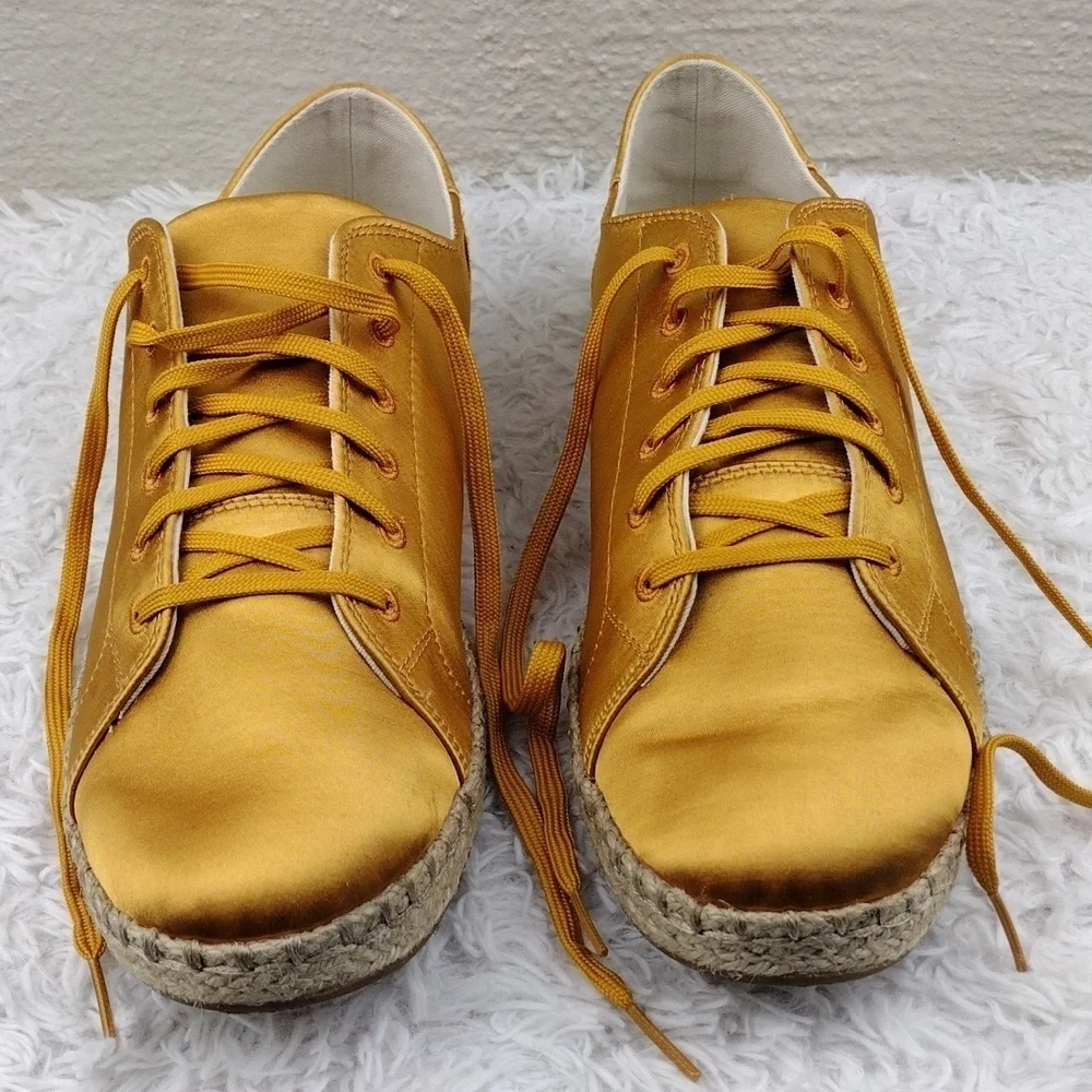 TOMS Yellow Gold Satin Upper Round Toe Lace Up Low Top Espradrille Sneaker Shoe